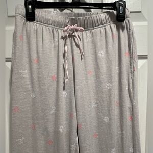 LIFE IS GOOD 🐾 Gray Pajama Pants with Pink & White Paw Print Pattern w Pockets